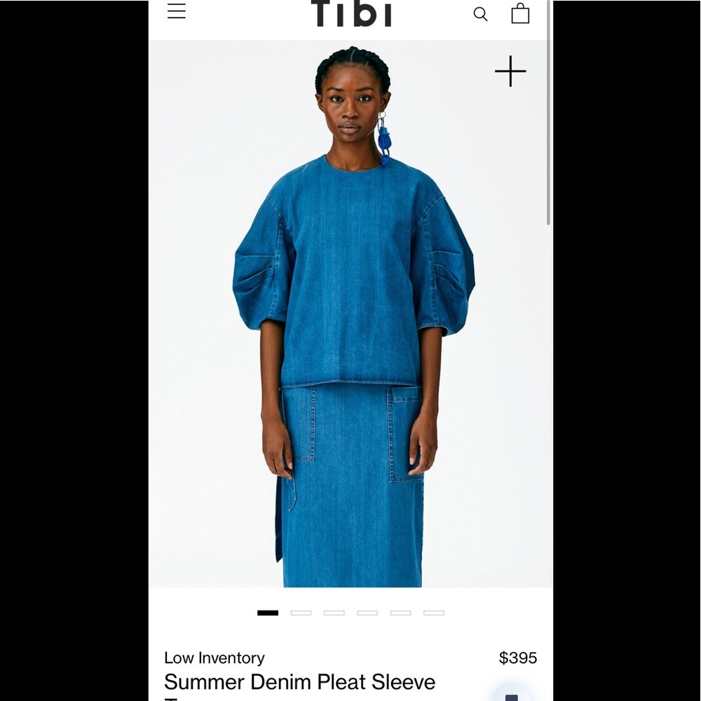 2022 summer Tibi Summer Denim Pleat Sleeve Top